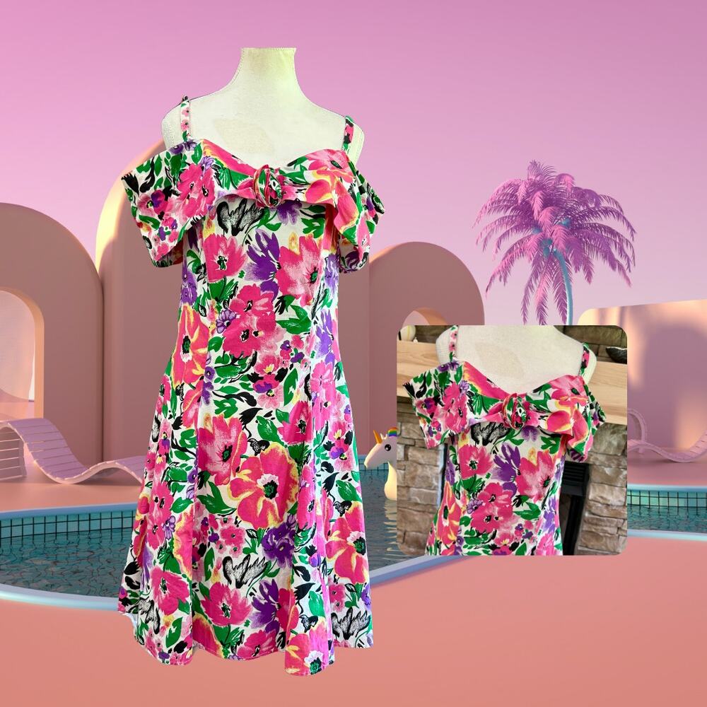 Vintage 80s Sugar Off Shoulder Coquette Floral Pink Purple Sundress XL